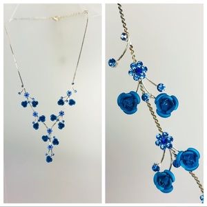 Drop Necklace dainty blue metal flowers & blue crystals 16” Silvertone metal